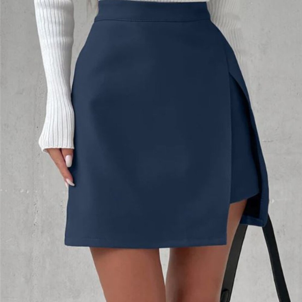 NWT Commense Asymmetric Layered Split Mini Skirt Blue XS Minimalist